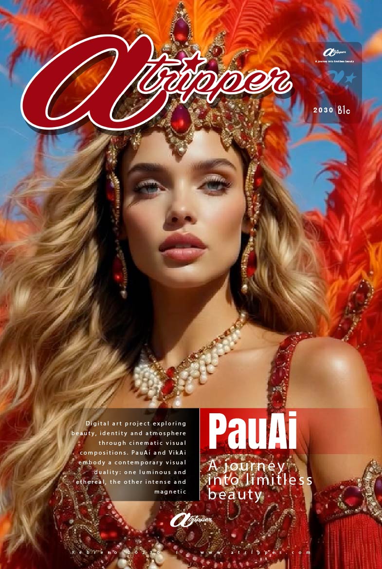 ATRIPPER Cover Art | PauAi - Rio | Luminous blonde with vibrant red feather headdress, elegant carnival outfit and golden details, radiant and graceful expression – Editorial AI Fashion