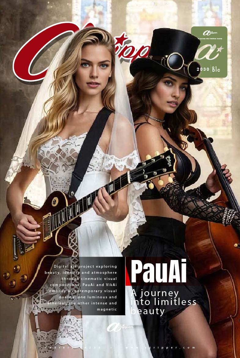 ATRIPPER Cover Art | PauAi & VikAi - High Contrast | Luminous blonde PauAi beside intense brunette VikAi, perfect duality of light and darkness from the ATRIPPER universe – Editorial AI Art