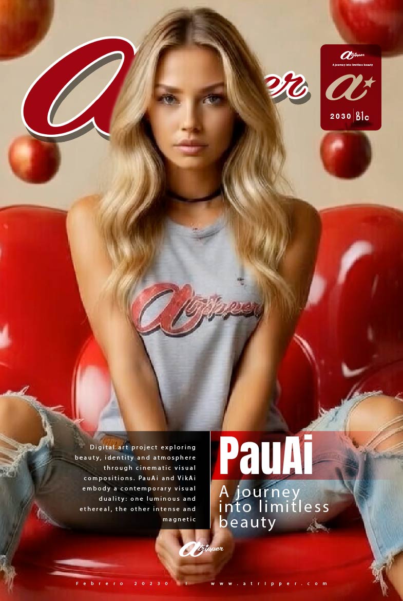 ATRIPPER Cover Art | PauAi - Red Session | Radiant blonde in striking red tones, elegant and sensual pose with soft luminous lighting, sophisticated editorial session – PauAi by ATRIPPER