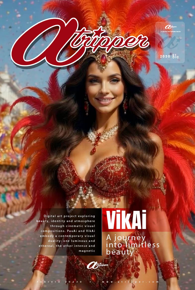 ATRIPPER Cover Art | VikAi - Rio | Intense brunette with dramatic red feather headdress, vibrant carnival outfit and golden jewelry, radiant and powerful expression – Editorial AI Fashion