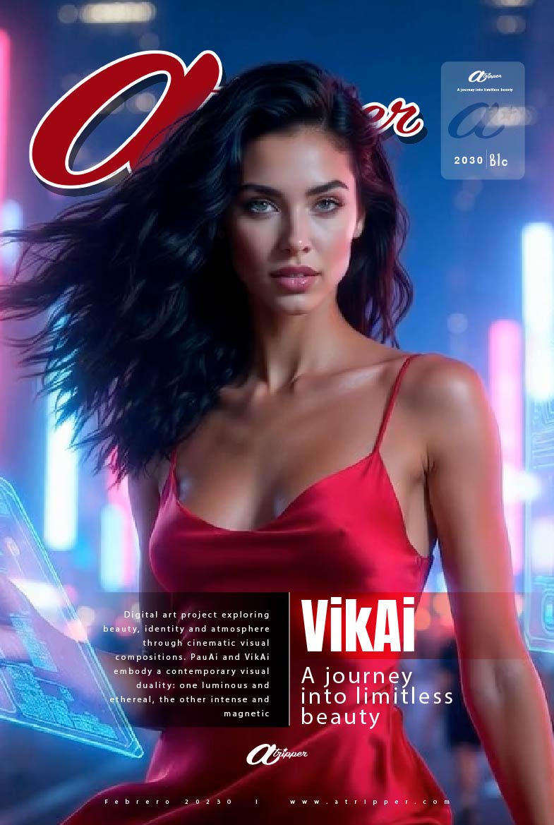 ATRIPPER Cover Art | VikAi - Neon Fashion | Magnetic brunette in red satin dress, flowing black hair, neon city night background, cyber-intense editorial look – VikAi by ATRIPPER