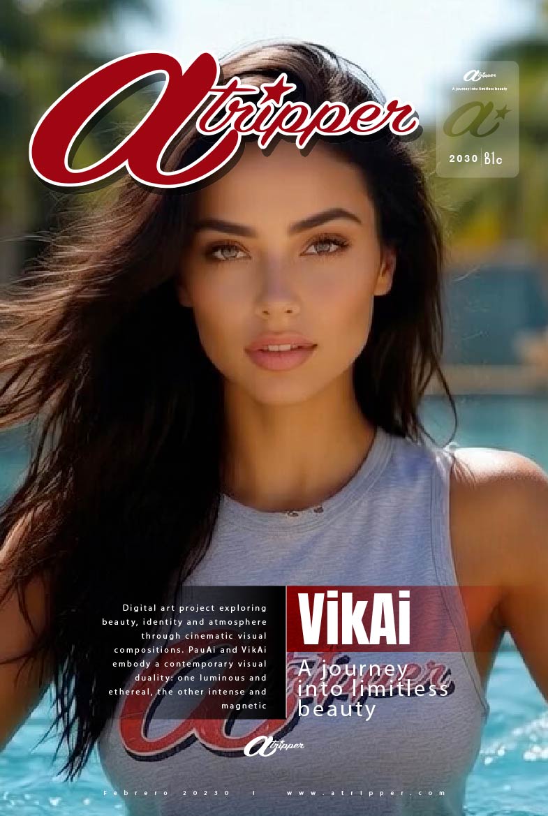 ATRIPPER Cover Art | VikAi - Natural | Emerald green-eyed brunette in loose gray top and flowing hair, relaxed by the pool with natural daylight, strong and sensual presence – VikAi by ATRIPPER