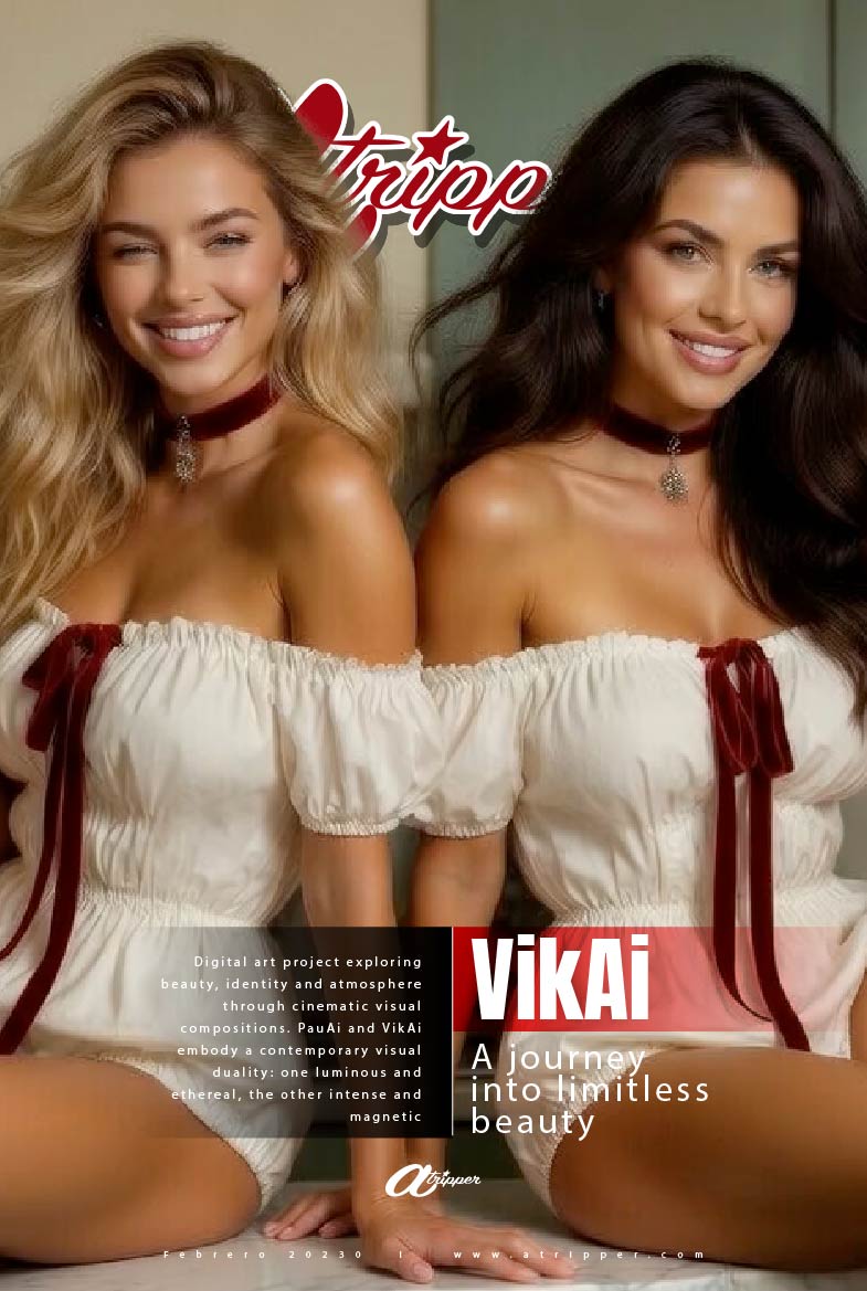 ATRIPPER Cover Art | VikAi & PauAi - Best Friends | Intense brunette VikAi with luminous blonde PauAi, the perfect contrast duo from the ATRIPPER universe – Editorial AI Art