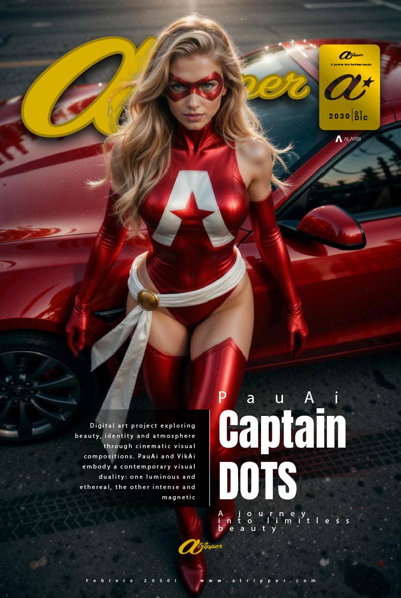 ATRIPPER Magazine | Captain Dots PauAi – Deluxe Edition 01 | Blonde superhero in red suit posing with a red Ferrari