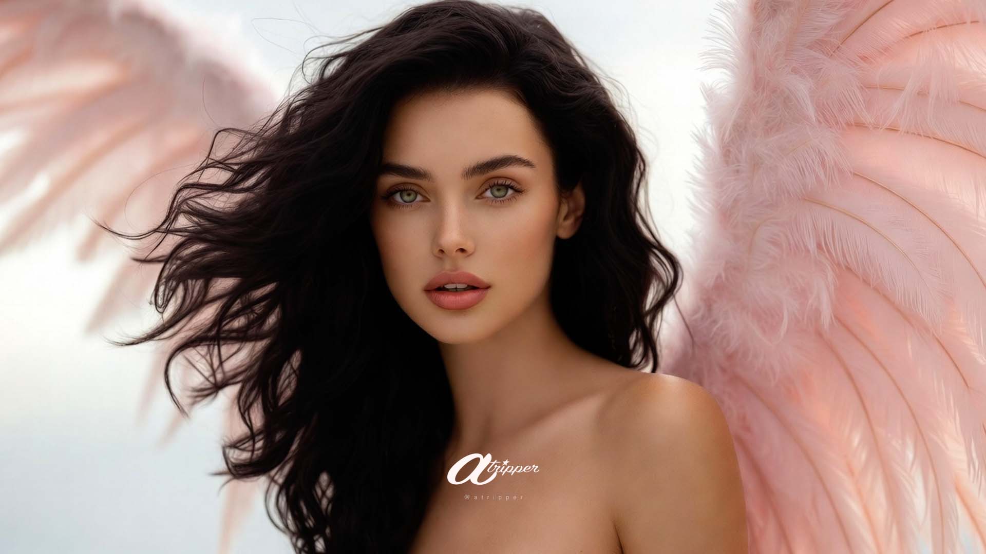 Close-up portrait of a brunette woman with flowing hair and soft lighting, captured in a clean editorial style