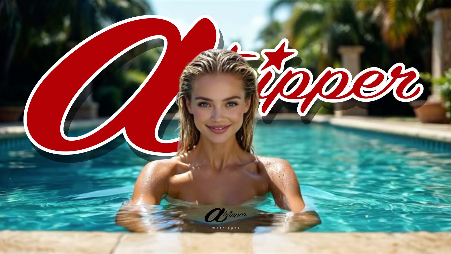 Blonde woman in a swimming pool with turquoise water, facing the camera in a bright tropical outdoor setting