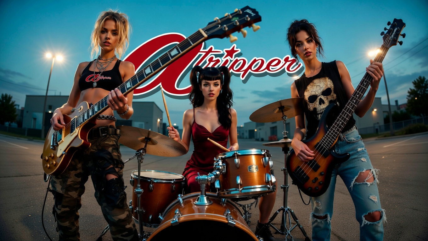 Editorial Atripper Rock Band portrait featuring three women performing outdoors with guitar, bass, and drums under dusk lighting