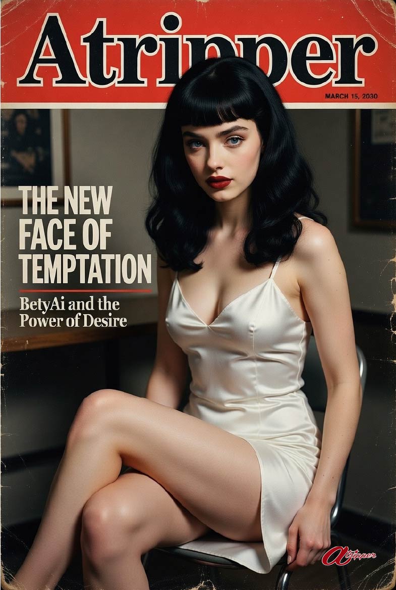 BetyAI provocative editorial portrait with black lingerie and arrows, dramatic vintage magazine cover 'Martyr of Beauty' concept