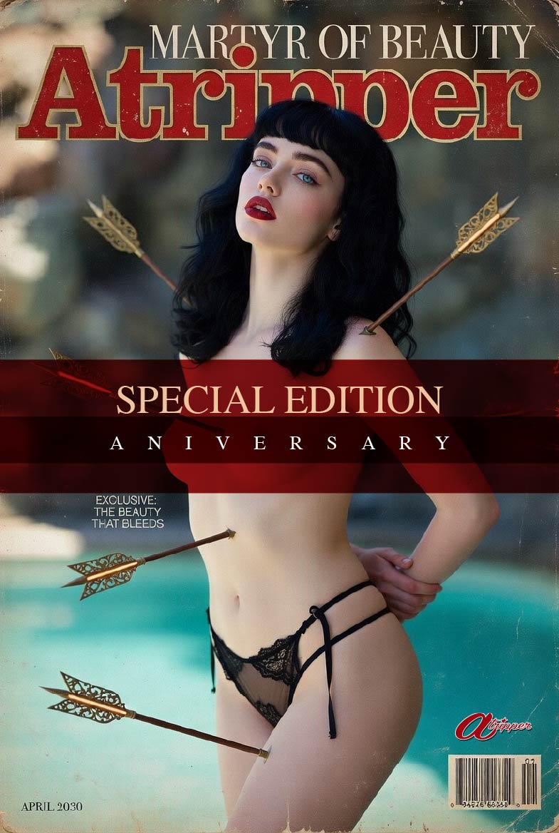 BetyAI standing in red vintage bikini by the pool, swimsuit edition 2030, classic pin-up magazine aesthetic with cinematic lighting