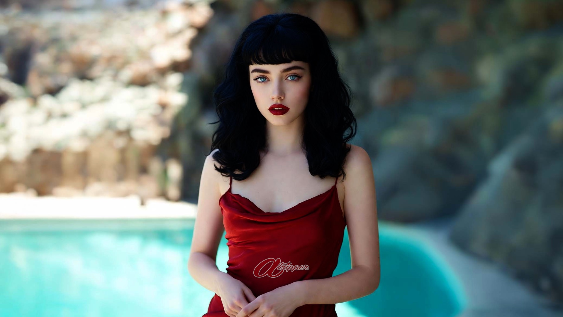 BetyAI close-up portrait with dark vintage hair, pale skin and red lips, cinematic pin-up inspired editorial by the pool