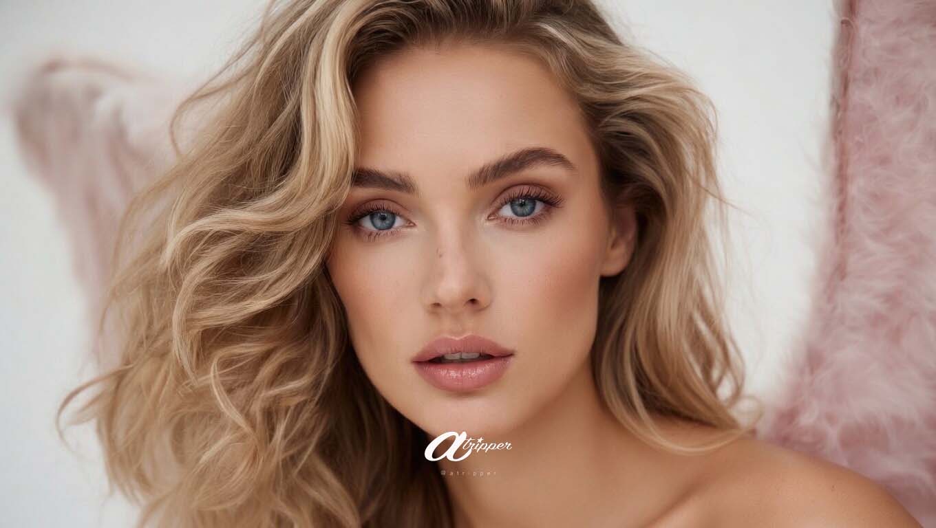 Close-up editorial portrait of PauAi with blonde hair, blue eyes, and a soft luminous expression